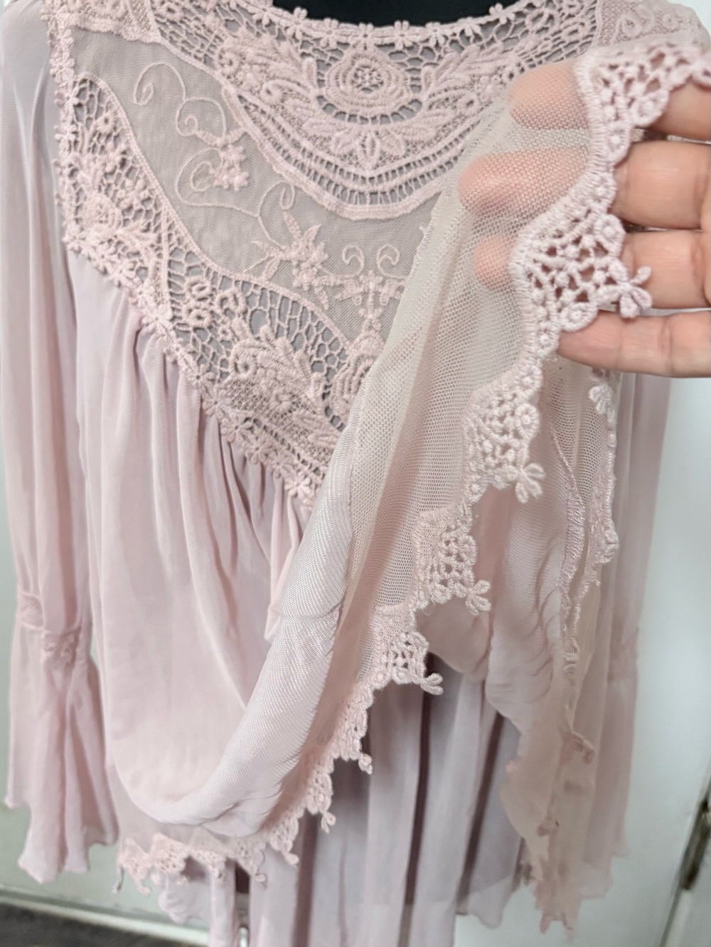 Ultra Pink Lace Yoke Sheer Flutter Blouse - Soft Pink - Picture 9 of 11